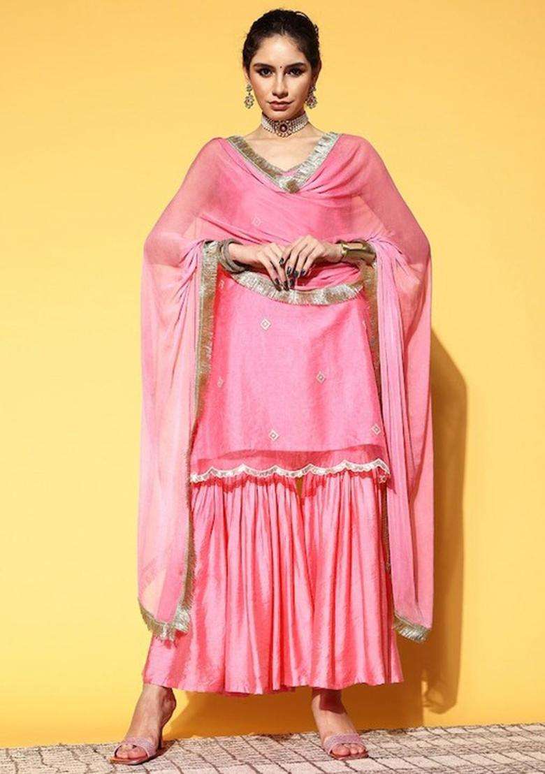 Pink Embroidered Organza Sharara Set - Indya