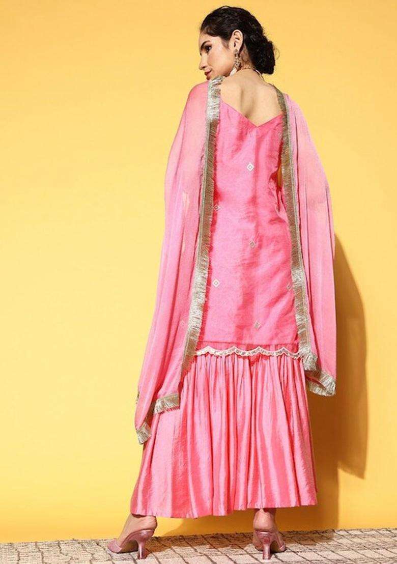Pink Embroidered Organza Sharara Set - Indya