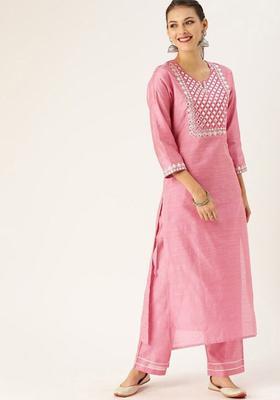 Pink Yoke Design Silk Blend Kurta Set