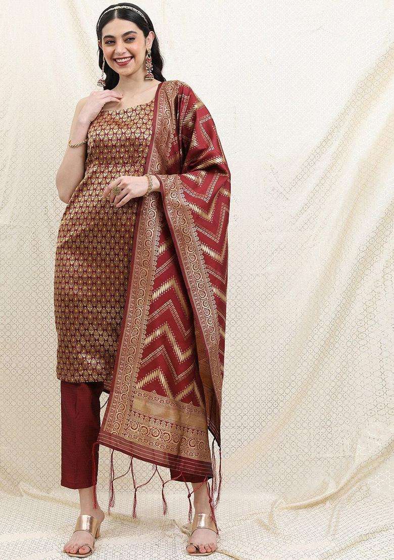Maroon Printed Polyester Kurta Set - Indya
