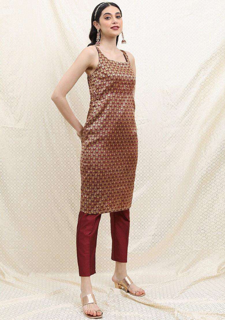 Maroon Printed Polyester Kurta Set - Indya