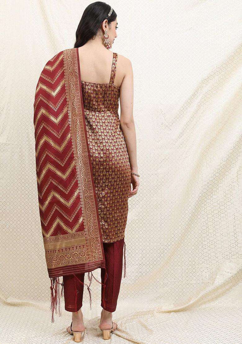 Maroon Printed Polyester Kurta Set - Indya