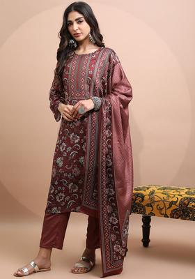 Maroon Printed Polyester Kurta Set
