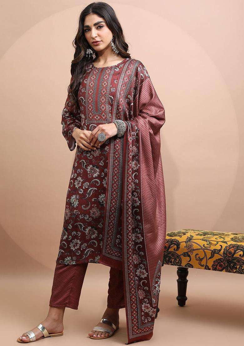 Maroon Printed Polyester Kurta Set - Indya