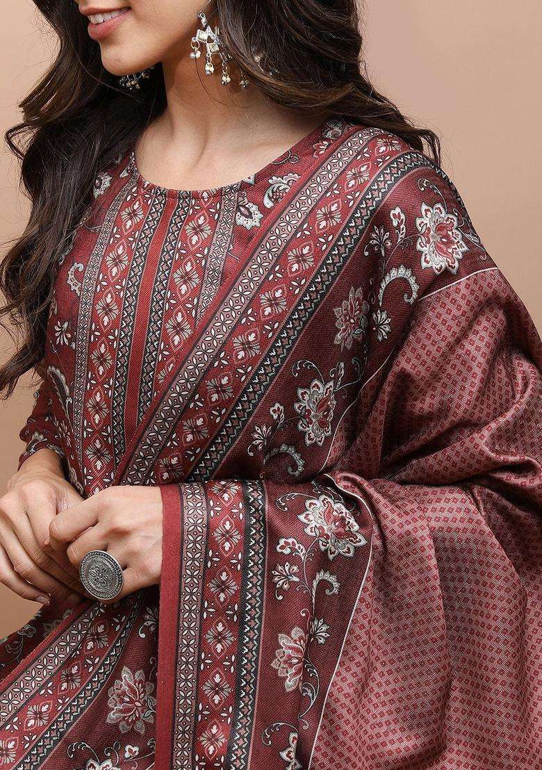 Maroon Printed Polyester Kurta Set - Indya