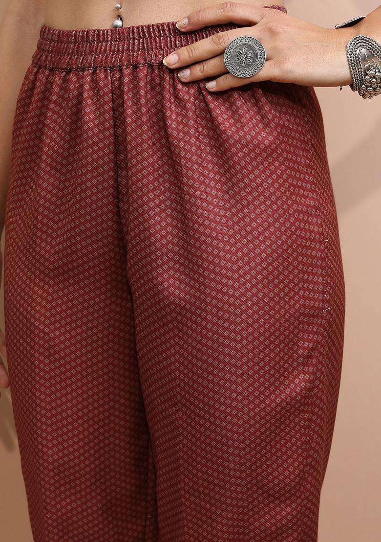 Maroon Printed Polyester Kurta Set - Indya