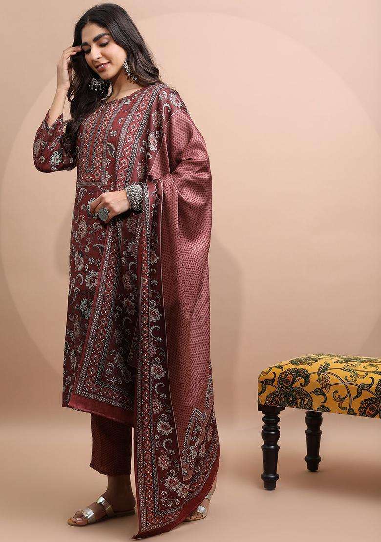 Maroon Printed Polyester Kurta Set - Indya