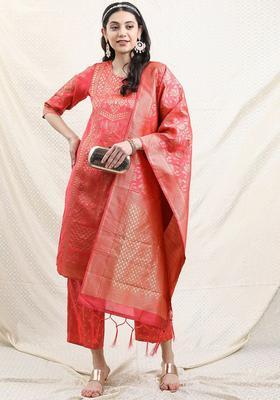 Red Woven Design Polyester Kurta Set