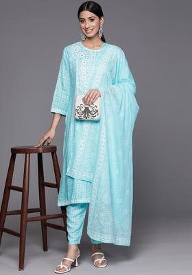 Turquoise Blue Embroidered Polyester Kurta Set