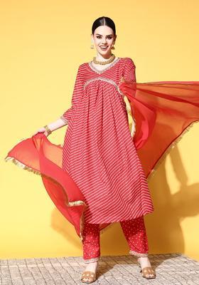 Red Embroidered Viscose Kurta Set