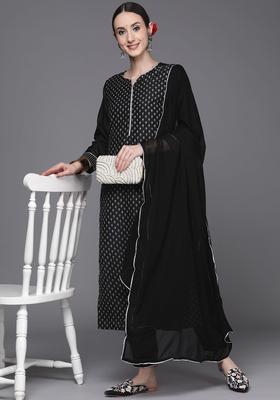 Black Printed Polyester Kurta Set