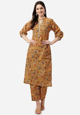 Mustard Printed Silk Blend Kurta Set