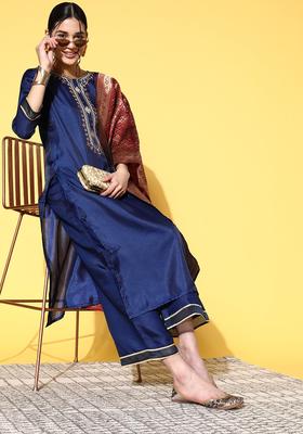 Navy Blue Embroidered Silk Kurta Set