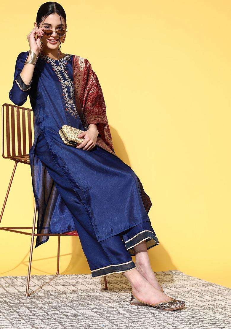Navy Blue Embroidered Silk Blend Kurta Set - Indya