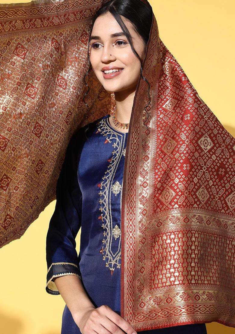 Navy Blue Embroidered Silk Blend Kurta Set - Indya