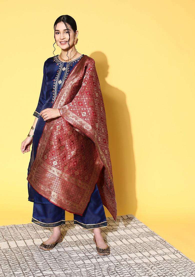 Navy Blue Embroidered Silk Blend Kurta Set - Indya