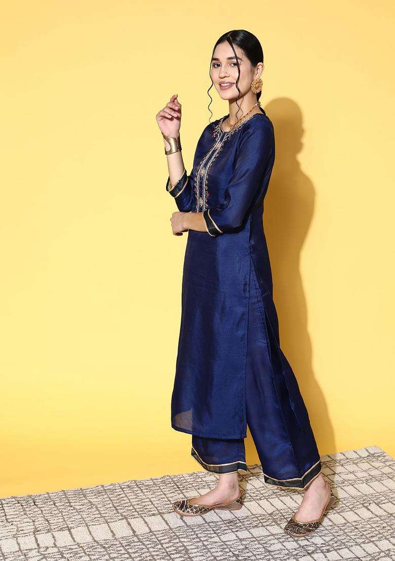 Navy Blue Embroidered Silk Blend Kurta Set - Indya