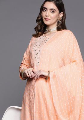 Peach Embroidered Polyester Kurta Set