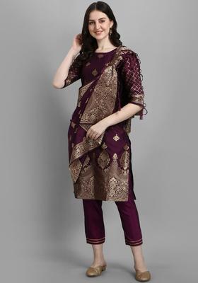 Purple Printed Silk Kurta Set