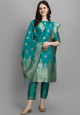 Turquoise Blue Printed Silk Kurta Set