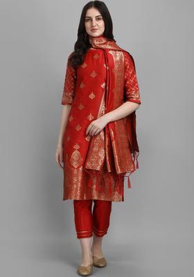 Red Printed Silk Kurta Set