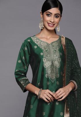 Green Woven Design Silk Kurta Set