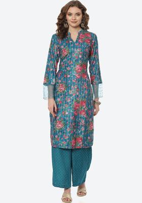 Turquoise Blue Printed Polyester Kurta Set