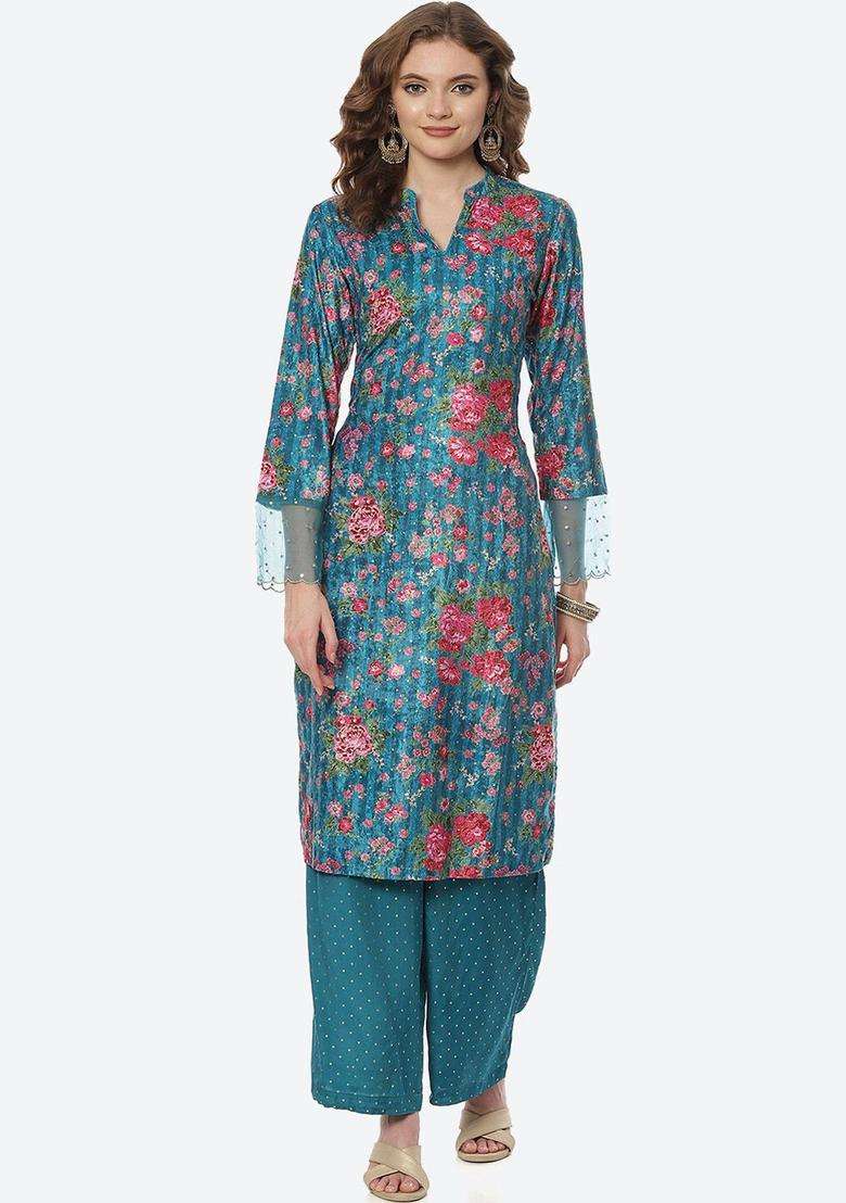 Turquoise Blue Printed Polyester Kurta Set - Indya