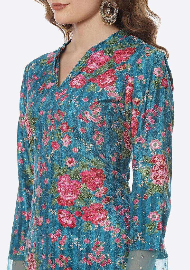 Turquoise Blue Printed Polyester Kurta Set - Indya