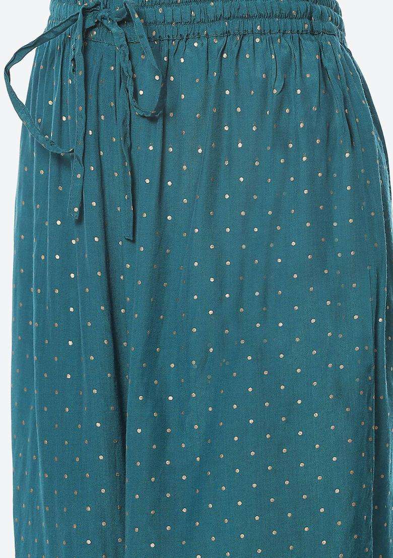 Turquoise Blue Printed Polyester Kurta Set - Indya