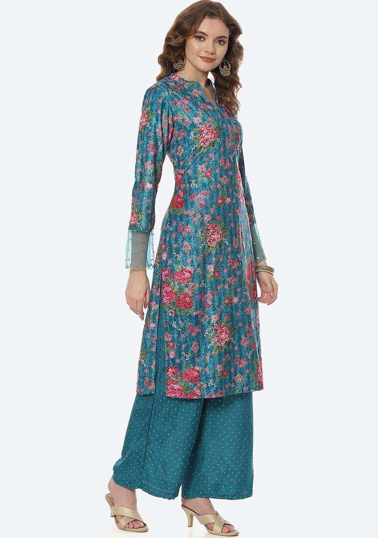Turquoise Blue Printed Polyester Kurta Set - Indya
