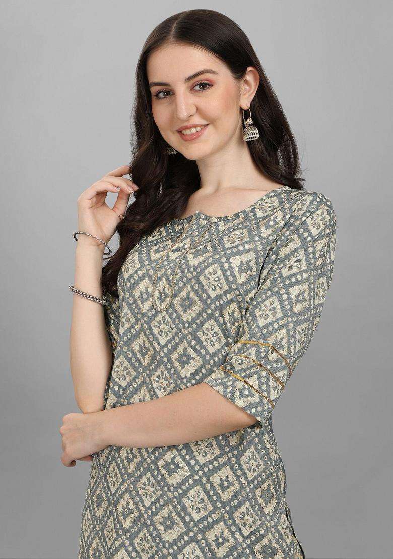Grey Printed Viscose Kurta Set - Indya