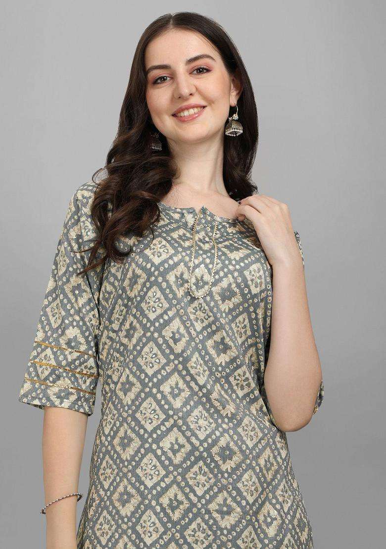 Grey Printed Viscose Kurta Set - Indya