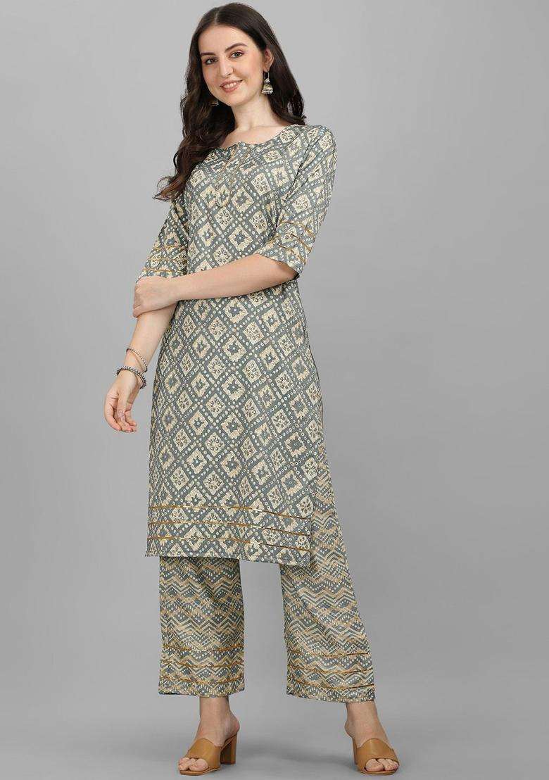 Grey Printed Viscose Kurta Set - Indya