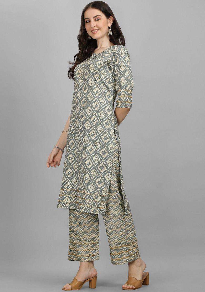 Grey Printed Viscose Kurta Set - Indya