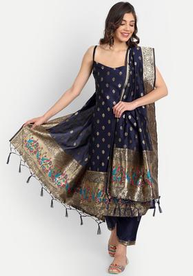 Navy Blue Self Design Silk Blend Kurta Set