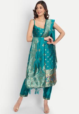 Teal Self Design Silk Blend Kurta Set