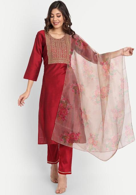 Maroon Yoke Design Silk Kurta Set