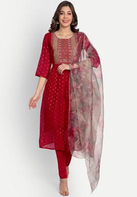 Red Printed Crepe Kurta Set