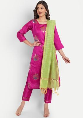 Fuchsia Woven Design Silk Blend Kurta Set
