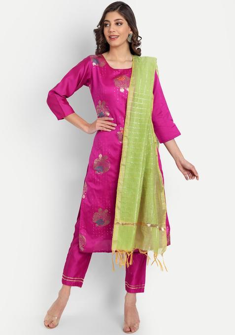 Fuchsia Woven Design Silk Kurta Set — view on Indya