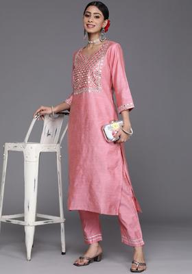 Pink Yoke Design Silk Blend Kurta Set
