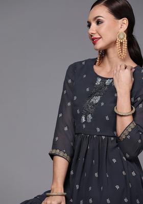 Navy Blue Printed Georgette Sharara Set