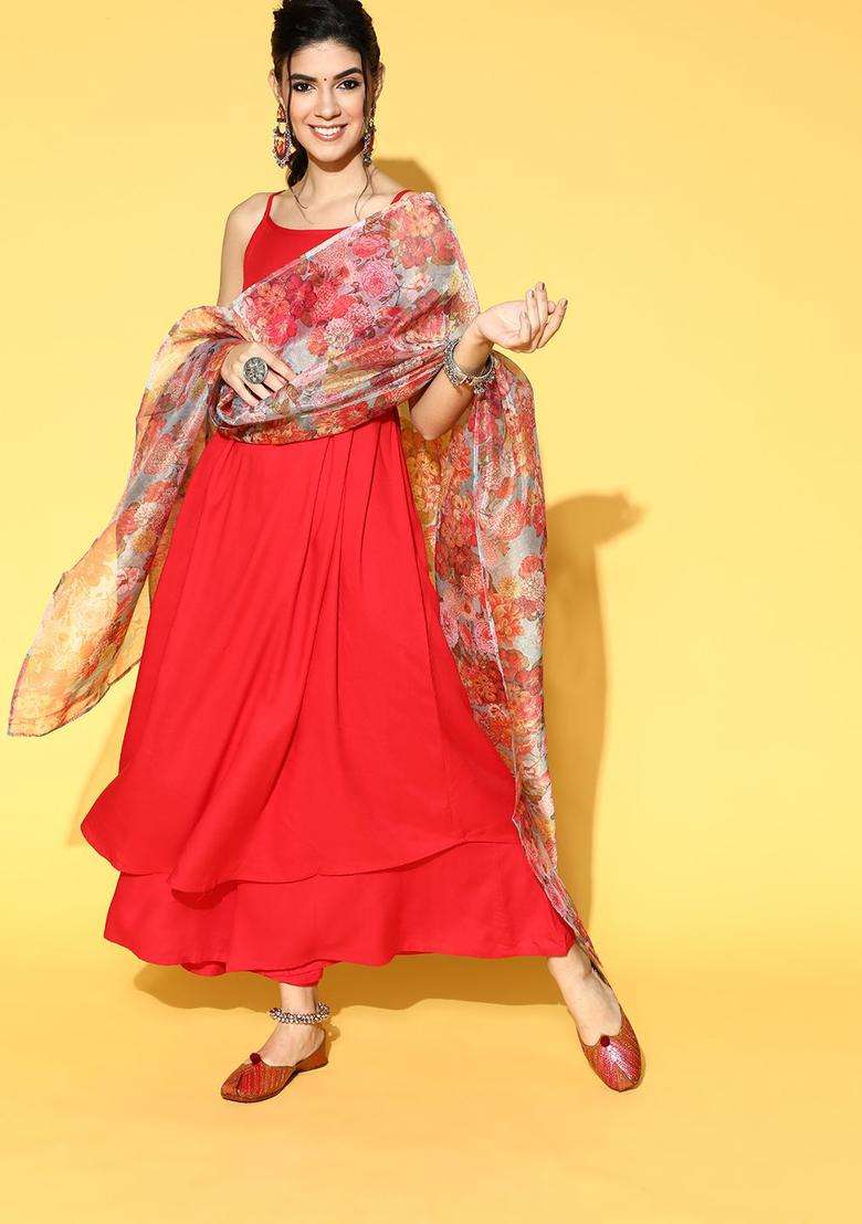 Red Solid Viscose Kurta Set - Indya
