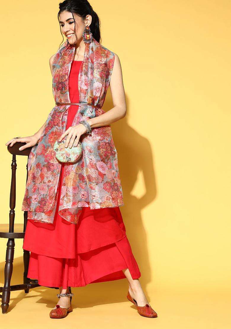 Red Solid Viscose Kurta Set - Indya
