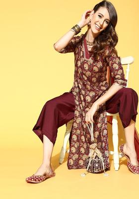 Maroon Printed Cotton Kurta Set