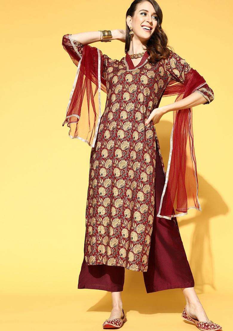 Maroon Printed Cotton Kurta Set - Indya