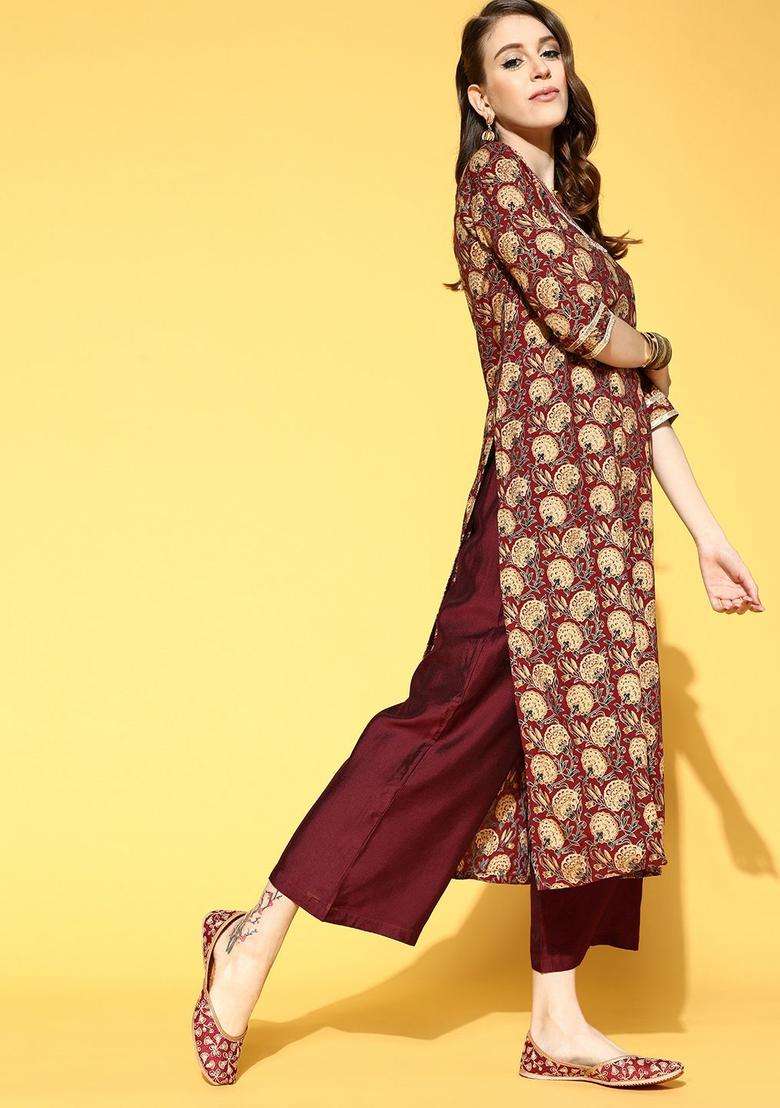Maroon Printed Cotton Kurta Set - Indya