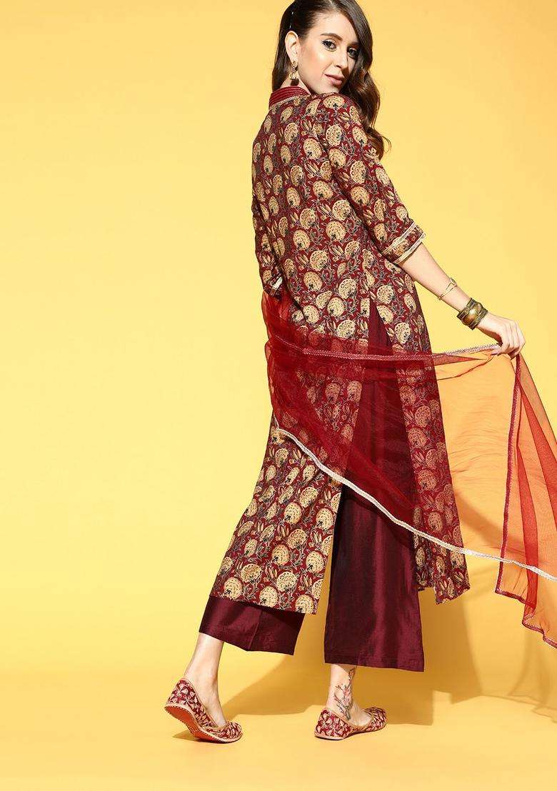 Maroon Printed Cotton Kurta Set - Indya