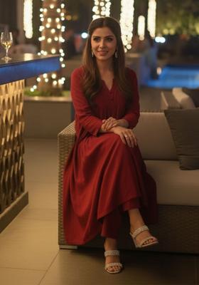 Red Solid Viscose Kurta Set